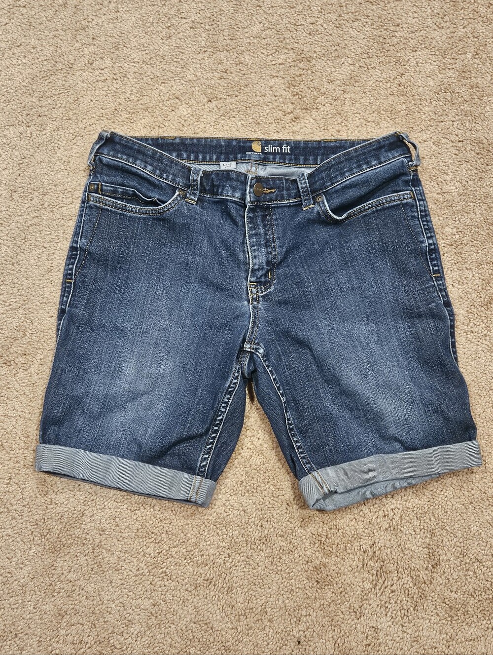 Carhartt Women's Slim Fit Dark Blue Denim Roll-Cuff Shorts